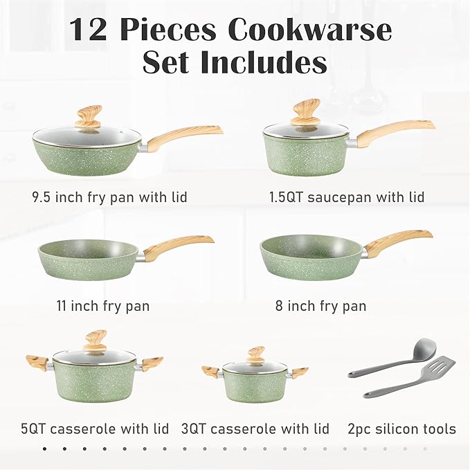 DishDelight Induction Pots and Pans Set Non Stick, 12 Piece Nonstick Induction Granite Kitchen Cookware Sets, Induction Cookware Frying Pans and Saucepan Set, Nonstick Granite Cooking Set, Green