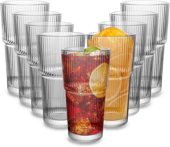 Drinking Glasses，19oz Ribbed Glassware,9 Pack Old Fashioned Glasses,Thickened glass for iced coffees, smoothies, cocktails and juices, perfect for families and parties (9)