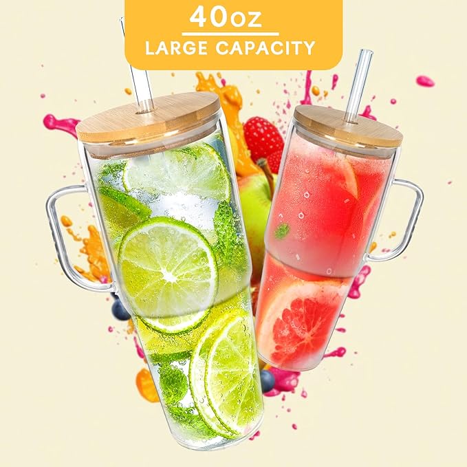 ANOTION Glass Cups with Lids and Straws - 40 Oz Tumbler with Handle and Straw Glass Water Bottles Drinking Glasses with Straws Iced Coffee Cups Travel Coffee Mug Smoothie Tumbler