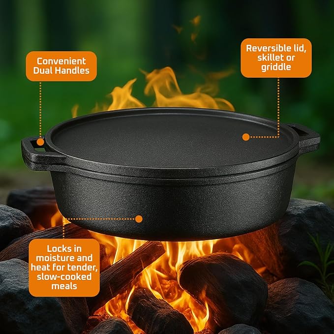 Bruntmor 3-in-1 Pre-Seasoned Cast Iron Skillets with Reversible Grill Griddle Lid - 6.8 Quart Round Deep Roasting Pan for Frying, Grilling, Dutch Oven Cooking - Non-Stick Cast Iron Cookware - Black