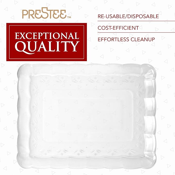 Prestee 24 Plastic Serving Trays 9x13 Inches Rectangular Disposable Serving Trays and Platters for Parties, Clear Plastic Tray for Food, Trays for Serving Food, Party Platters and Trays, 24pk