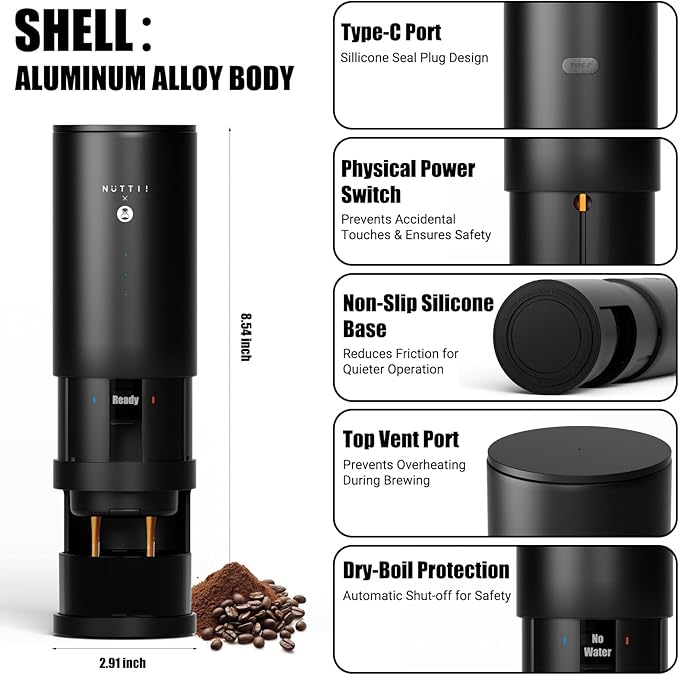 Nuttii E-Coffee Portable Espresso Machine, 20 Bar Self-Heating Travel Coffee Maker, Precise Pressure Control for Golden Extraction, Supports Ground & Capsule Coffee for RV, Camping & Office (Black)