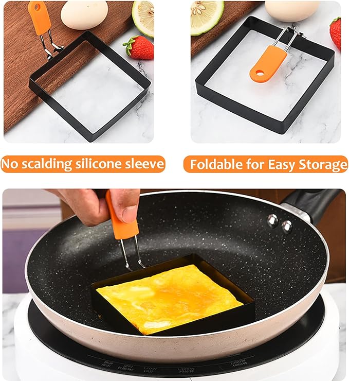 Square Egg Ring for Frying - 2 Pcs 4 Inch Egg Pancake Cooking Rings, Non Stick Stainless Steel Omelet Maker for Griddle Breakfast Sandwiches, Crumpet