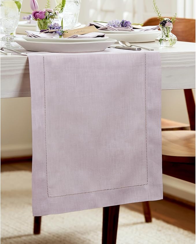 Solino Home Linen Table Runner 48 Inches - 100% Pure Linen Lilac Hemstitch Table Runner 14 x 48 Inch Ideal for Dresser and Coffee Tables - Summer - Classic Hemstitch