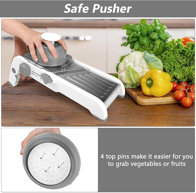 Mandoline Slicer for Kitchen, Adjustable Stainless Steel Mandoline Food Slicer, Onion Potato Cucumber Tomato Carrot Vegetable Fruit Slicer, Mandolin Veggie Cutter with Food Holder, Grey