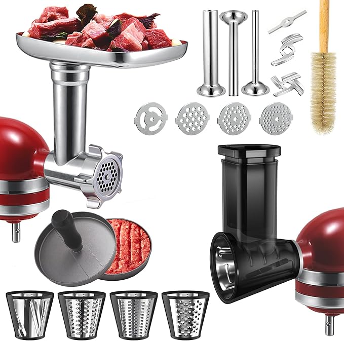Meat Grinder&Slicer Shredder Attachments for KitchenAid Stand Mixer, Metal Food Grinder with Sausage Stuffer Tubes, Cheese Grater Attachment Salad Maker, Burger Press For KitchenAid Mixer Accessories