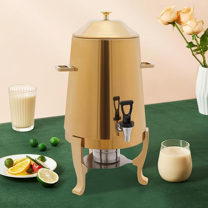 Coffee Urn with Fuel Holder 3.5 Gal/13L Electric&Alcohol Heating, Stainless Steel Beverage Dispenser with Stand, Tea Water Coffee Chafer Urn for Parties Buffet Catering Commercial Home (Gold)