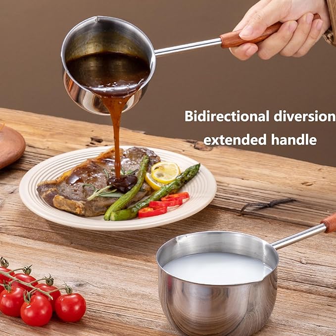 0.4 QT Chocolate melting pot, small pan, sauce pan,stainless steel with pouring port and wooden handle, used for melting chocolate and heating milk,butter warmer