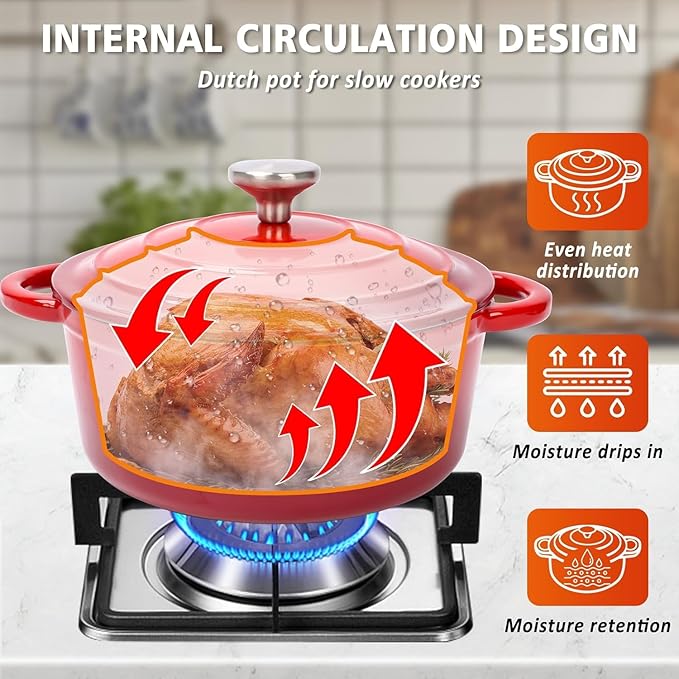 Hisencn Enameled Cast Iron Cookware Set - 7 Piece Dutch Ovens Set, Sauce Pan, Skillet, 3 Lids, Pots and Pans Set, Ceramic Coated Cast Iron, Heavy Duty, Gas/Induction Compatible, PFA Free, Rouge Red