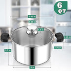 6 Quart 3-Ply Cooking Stock Pot with Lid, P&P CHEF Stainless Steel Large Pot for Pasta Soup, Work on Multi Stove, Heavy Duty & Dishwasher Safe, Dual Heat-resistant Handles & Visible Lid