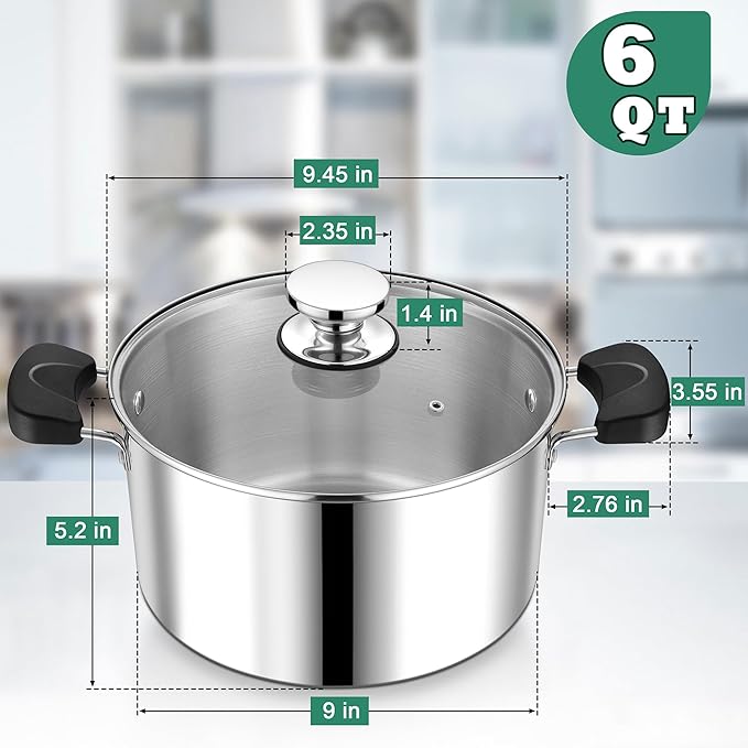 6 Quart 3-Ply Cooking Stock Pot with Lid, P&P CHEF Stainless Steel Large Pot for Pasta Soup, Work on Multi Stove, Heavy Duty & Dishwasher Safe, Dual Heat-resistant Handles & Visible Lid