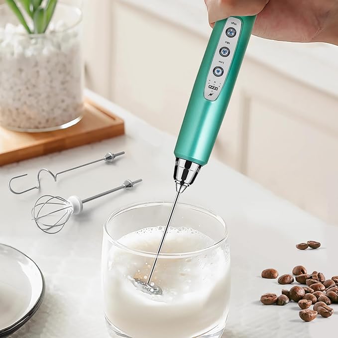 Milk Frother Rechargeable Handheld-Electric Whisk 3 Speed Adjustable, Coffee Frother Wand with 3 Stainless Whisks, Electric Foam Maker, Drink Mixer Blender for Latte Cappuccino Matcha Egg
