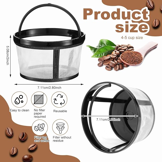 Maxdot 4 Packs Reusable Coffee Filters for Mr. Coffee 4-5 Cup Replacement Nylon Mesh with Handle 2.8 x 3.1 x 2 Reusable Filter Basket Fits Most Coffeemakers and Brewers Universal