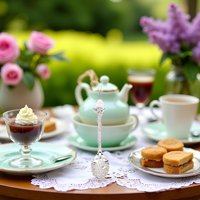 Crystal Coffee Spoon Vintage Floral Carved Long Handle Ice Cream Tea Spoon,Silver Diamond RHinestone