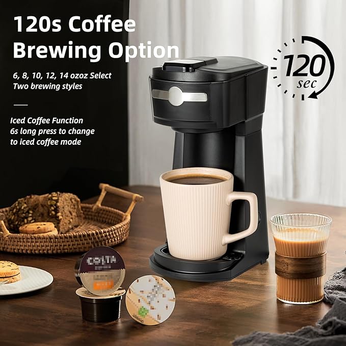 Single Serve K Cup Coffee Maker 2 in 1Machine,6 to 14 0z Brew Sizes,Auto Shut Off& Reusable Filter,Use Coffee Capsule&GroundCoffee&Loose Leaf Tea,Iced Coffee,Black