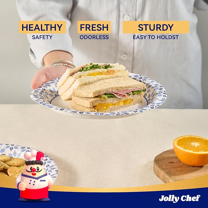 JOLLY CHEF 7 inch Disposable Paper Plates 150 Count, Soak Proof, Cut Proof, Heavy Duty Paper Plates for Everyday Use