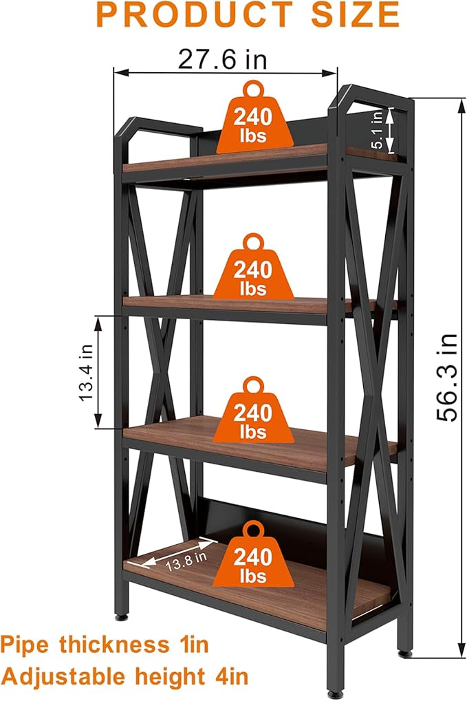 KEIKI 4-Tier Kitchen Bakers Rack with Storage, 56.3'' Microwave Stand, Bookcase Shelf Adjustable Shelves Freestanding, Bakers Rack for Kitchen, Garage, Pantry, Bathroom
