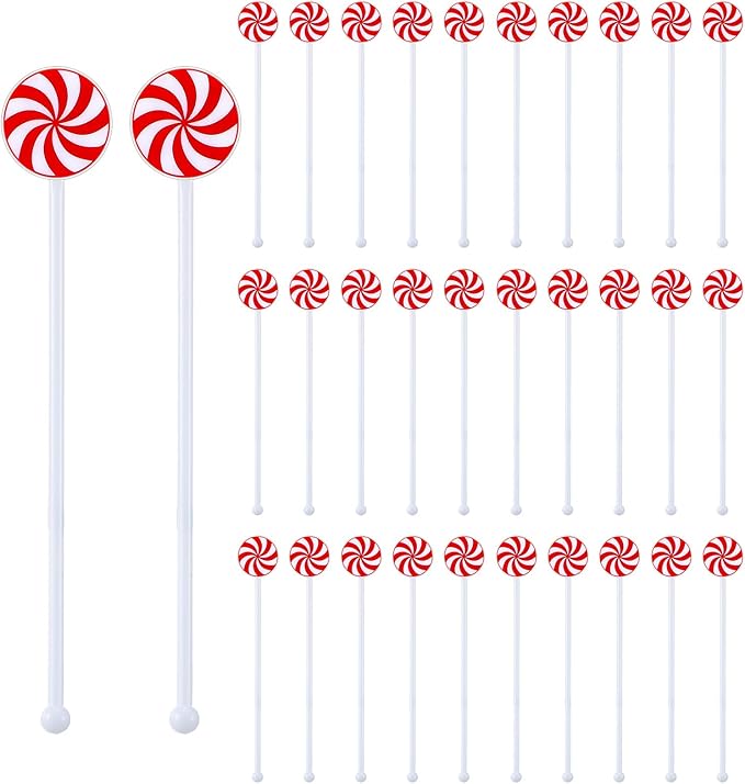 30 Pcs Christmas Drink Stirrers Xmas Stir Stick Holiday Coffee Swizzle Stick Reusable Plastic Hot Cocoa Bar Chocolate Decoration Cocktail Mixer(Lollipop,Charming Color)