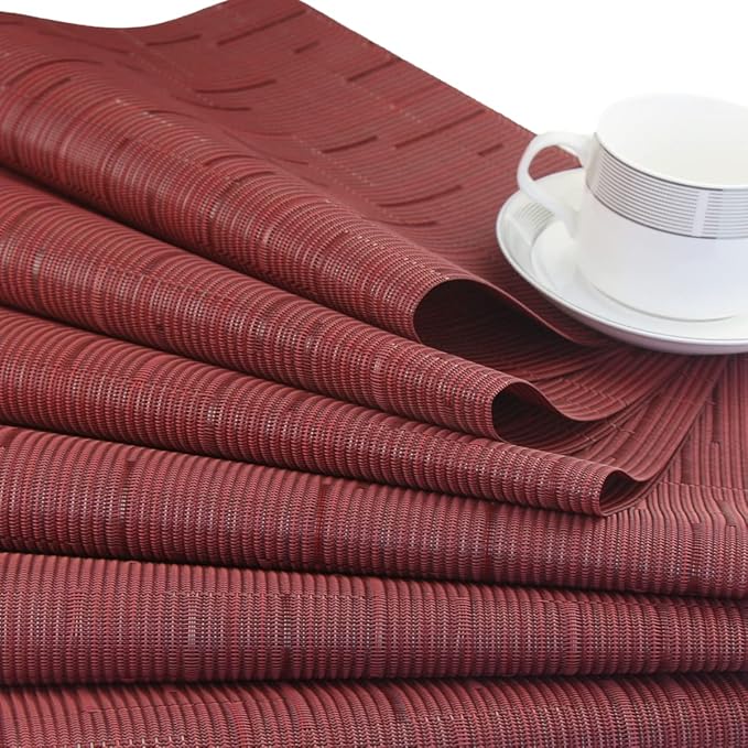 PIGCHCY Placemats Set of 8 Washable Durable Place Mats Vinyl Heat Resistant Non-Slip Table Mats Indoor Outdoor (Burgundy Red)