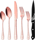 EUIRIO 24 Pieces Copper Silverware Set with Steak Knives, Rose Gold Silverware Flatware Set for 4, Stainless Steel Spoons Forks Knives Set, Mirror Cutlery with Unique Floral Laser, Dishwasher Safe