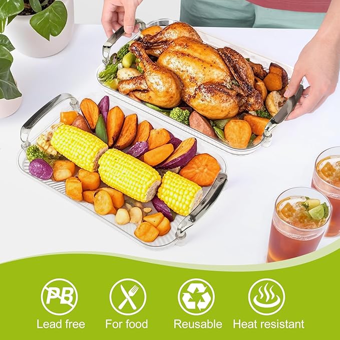 3 Pack Serving Tray with Handles, Stackable Reusable Trays for Serving Food, Plastic Serving Platters for Party, Charcuterie, Fruit, Appetizer, Transparent