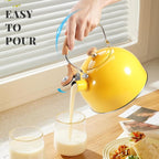GGC Whistling Tea Kettle for Stove Top, 85OZ/2.6QT Stainless Steel Tea Kettles for Boiling Water Milik or Coffee, Yellow Tea Pots with Wood Pattern Folding Handle, Thumb Design Control Kettle Outlet