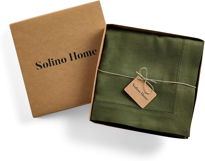 Solino Home Olive Linen Tablecloth 60 x 90 Inch - 100% Pure Linen Hemstitch Table Cloth for Rectangle Tables - Classic Hemstitch, Machine Washable Tablecloth for Fall, Autumn