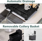 Iron Dish Drying Rack with Drainboard Dish Drainers for Kitchen Counter Extendable Spout Strainers with Utensil Holder and Knife Slots, Black