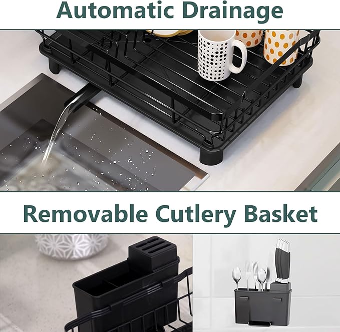 Iron Dish Drying Rack with Drainboard Dish Drainers for Kitchen Counter Extendable Spout Strainers with Utensil Holder and Knife Slots, Black