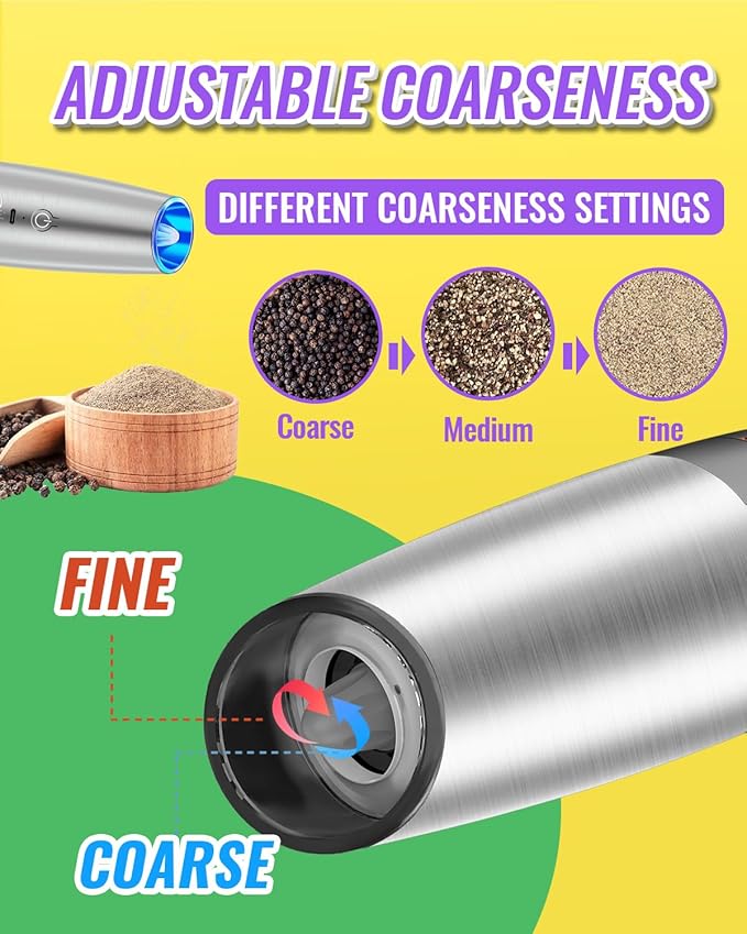 Rongyuxuan Upgraded Rechargeable Gravity Electric Salt and Pepper Grinder Set with LED lights,Stainless Steel Automatic Pepper or Salt Grinder Mill Shaker Refillable with Adjustable Coarseness,Sliver