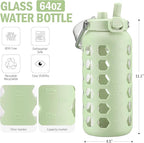 MUKOKO 64oz Glass Water Bottles with Straw and Lid,Half Gallon Water Bottle with Time Marker,Large Glass Water Jug with Silicone Sleeve and Stainless Steel Handle-Green