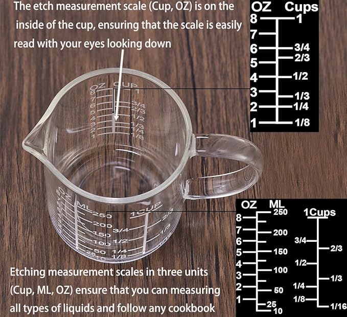 Ackers Mirror Scale Glass Measuring Cup-[Insulated handle | V-Shaped Spout]-Made of High Borosilicate Glass Measuring Cup for Kitchen or Restaurant, Easy to Read, 250 ML (8 Oz, 1 Cup)