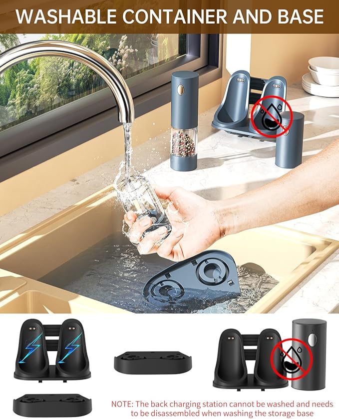 CIRCLE JOY Electric Salt and Pepper Grinder Set Automatic Salt and Pepper Grinder Set with Easy-to-Carry Charging Base and LED Light, Adjustable Coarseness, USB Rechargeable, Washable Container, Blue