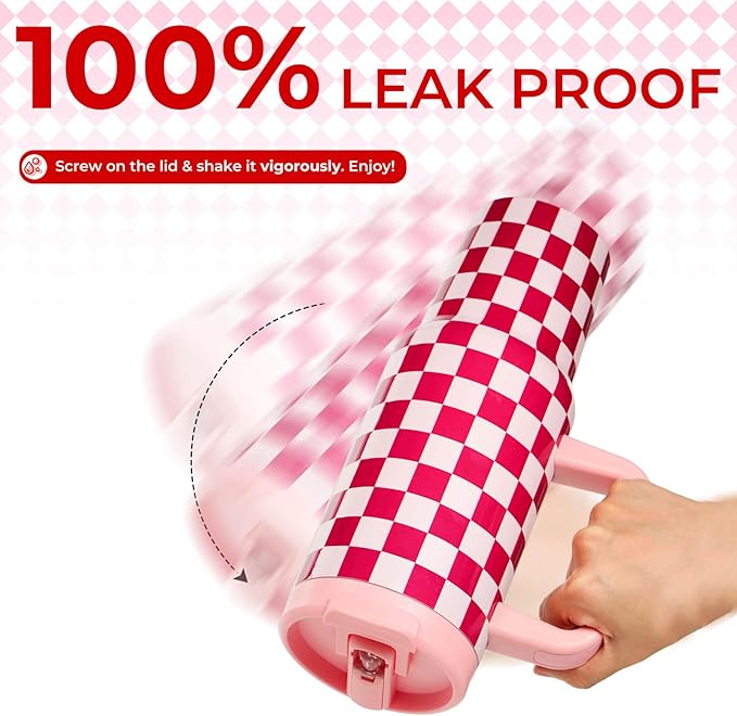 ProTour 100% Leakproof 40 oz Tumbler with Handle & 4-in-1 SipSwig Lid | Built-In Flip Straw & External Stainless Steel Straw | Insulated Stainless Steel Cup | BPA-Free | Pink Checkered