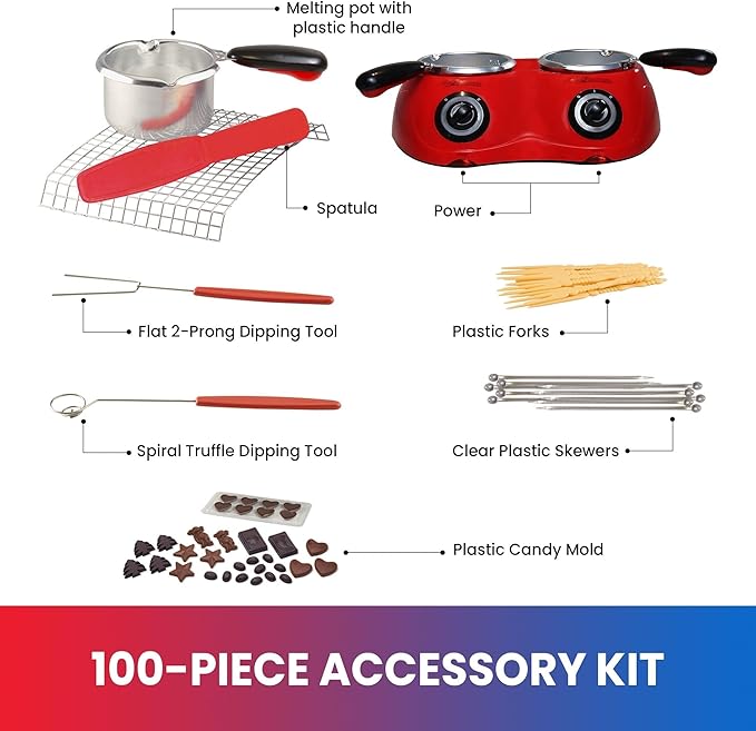 Total Chef Chocolate Melter Pot with 100+ Piece Accessory Kit 17.6 oz (500 g) Capacity Perfect for Fondue Set Dual Melting Pots Candy Making and Desserts Ideal for Celebrations Date Nights Red