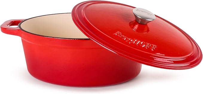 BergHOFF 9Pc Neo Cast Iron Cookware Set, Silicone Heat Spatulas, Matching Lid,Oven Safe Up To 400°F, Red