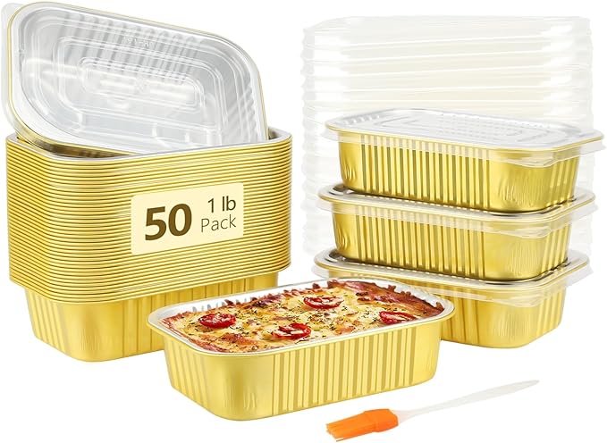 LNYZQUS 1lb Small Foil Pans With PP Lids 50 Pack, 16oz Heavy Duty Aluminum Leftover Containers Holders,Disposable Baking Tins To Go Containers For Cooking Heating Storing Meal Prep