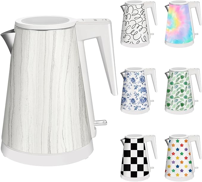 1.2L Double Wall Stainless Steel Interior Water Boiler, Cordless, 1000W Fast Boil with LED Light Coffee Pot & Tea Electric Kettle, Auto Shut-Off and Boil-Dry Protection (Wood Grain)