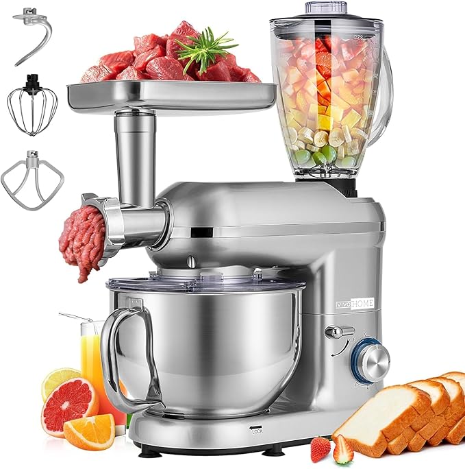 VIVOHOME 3 in 1 Multifunctional Stand Mixer with 6 Quart Stainless Steel Bowl, 650W 6 Speed Tilt-Head Meat Grinder, Juice Blender, Silver