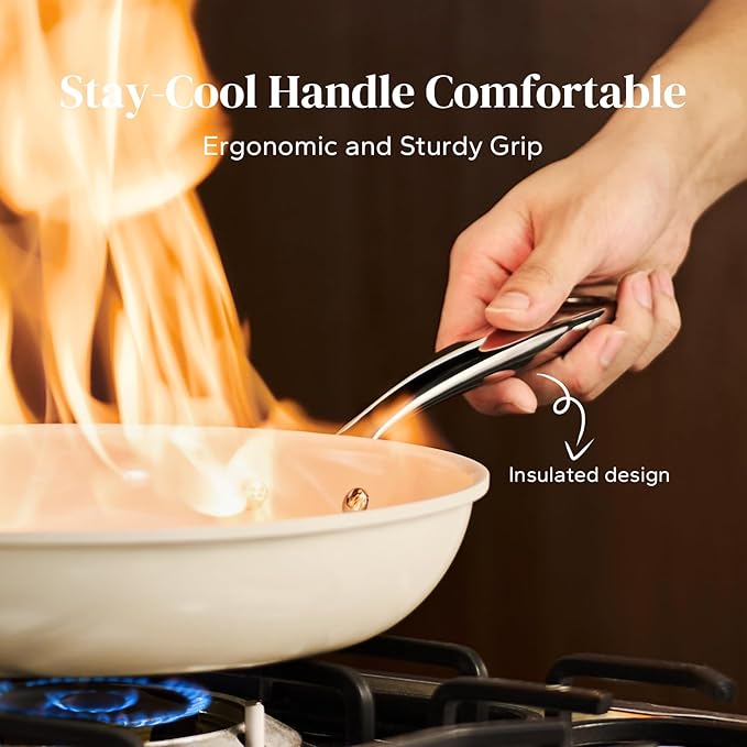 Redchef Nonstick Frying Pans Set, Ceramic Pan Skillet, Non Toxic Pans for Cooking, 8" 9.5" 11" Ceramic Frying Pan Set PFAS & PTFE & PFOA Free with Stay Cool Handle, Dishwasher & Oven Safe, Beige White