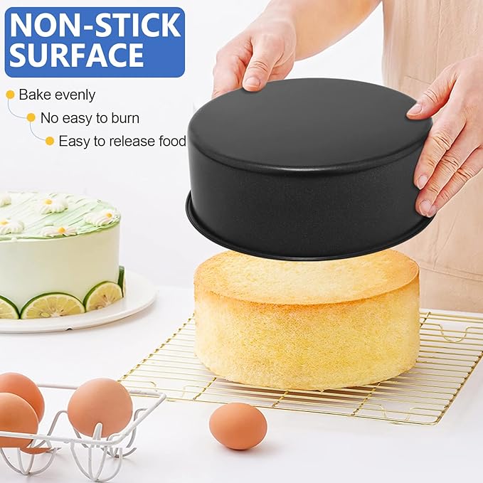 P&P CHEF 8 Inch Cake Pan, Nonstick Round Baking Layer Cake Pans Tins Set for Birthday Wedding, 2.94-Inch Deep Side & One-piece Design, Stainless Steel Core & Easy Clean, Black 2Pcs