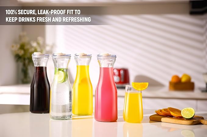 AYL Set of 4 Glass Carafes with Lids (1 Liter) – Clear Glass Water Pitchers and Beverage Serveware for Mimosa Bars, Brunch, Parties, Wine, Juice, Milk, Iced Tea, and Lemonade with Easy-Pour Spout Lids