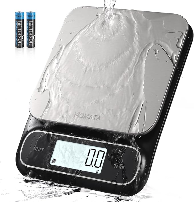 BOMATA Waterproof IPX6 Kitchen Scale, 0.1 g/0.01 oz High Precision, 5 kg/11 lbs, Digital Scale with Backlight, Stainless Steel Weighing Platform, for Food, Cooking, Baking, Weight Loss.. B619, Black