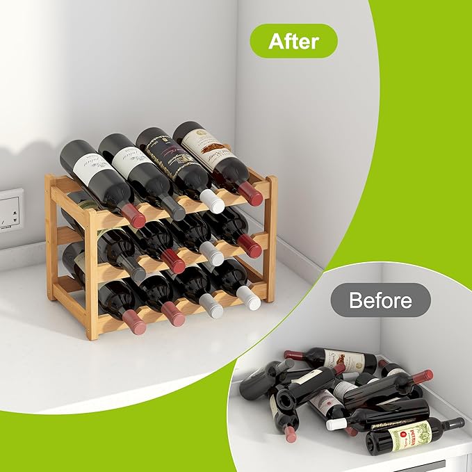 BMOSU Bamboo Wine Rack Wine Storage Cabinet Shelf 12 Bottle Wine Racks Countertop Sturdy for Kitchen Dining Room Pantry - 3 Tiers Wine Rack(Natural)