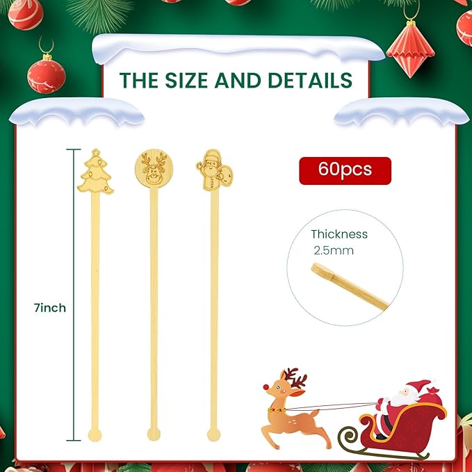 60PCS Bamboo Coffee Stirrers, 7inch Christmas Biodegradable Disposable Christmas Tree Santa Claus Reindeer Coffee Drink Cocktail Stirrers for Christmas Coffee Milk Office Home Hot Chocolate Bar