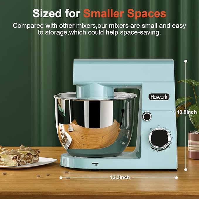 HOWORK Stand Mixer,10+p Speeds With 5.5QT Stainless Steel Bowl,Dough Hook, Wire Whip & Beater,for Most Home Cooks,Blue