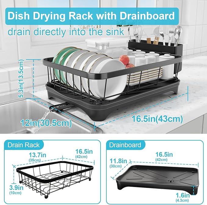 Dish Drying Rack with Drainboard - Space Saving Single Layer Drying Rack,Large Capacity Kitchen Organizer with Utensil Holder & Cutlery Tray, Countertop Dish Drainer Black
