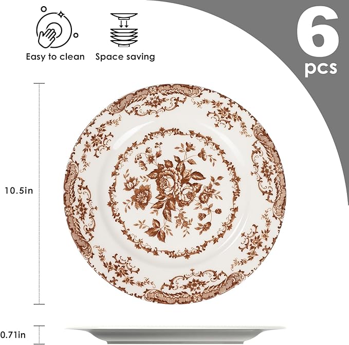 Dinner Plates Set of 6, Ceramic Kitchen Plates Microwave Safe Plates, 10.5 Inch Porcelain Dinner Plates Floral, Brown