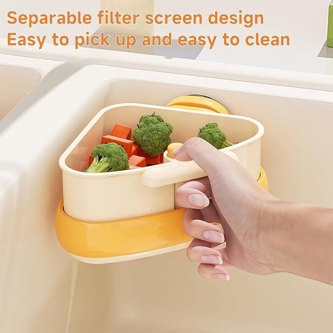 Suction Cup Sink Corner Rack, Sink Strainer Basket, 2025 New Upgraded Suction Cup Press Sink Drainer Basket, Auto-Dump Sink Strainer, Faucet Sponge Holder & Corner Food Catcher.