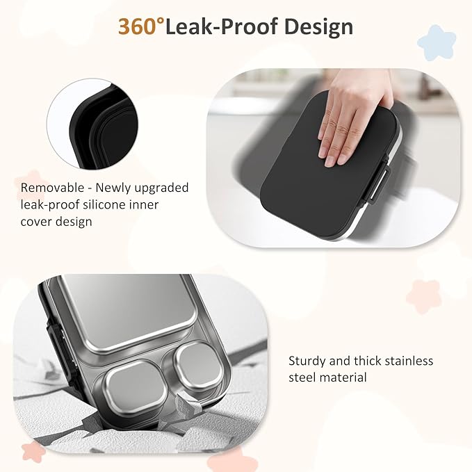 Stainless Steel Bento Box Kids, Leak Proof Metal Bento Lunch Box,3 Compartments 304 Stainless Steel Bento Lunch Containers for School and Office,Dishwasher Safe, BPA-Free(Black)